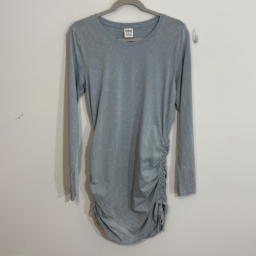 Victorias Secret PINK Women Dress XL Blue Acid Wash Ruched Bodycon Shirt Dress